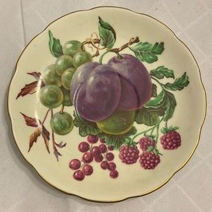 Two RARE Vintage Saucers Bone China England with Gold Trim Hand painted Fruit